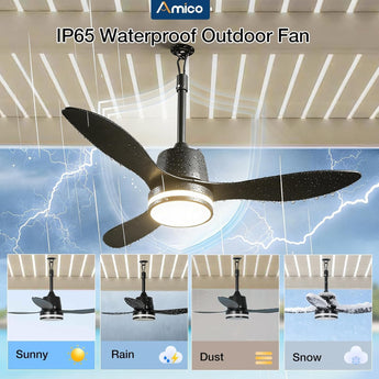 Amico 42 Inch IP65 Waterproof Outdoor Ceiling Fan with Light, 3CCT 6 Speeds Hanging Patio Fan with Remote Control, Plug in Design for Porch Pergola Garage Canopy, Black - 6