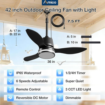 Amico 36" Outdoor Ceiling Fan with Light, IP65 Waterproof 3CCT 6 Speed Hanging Gazebo Fan, Remote Plug in for Patio Porch Garage, Black - 3