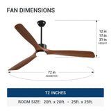 72 inch Ceiling Fans with Lights and Remote Control, Reversible, 3 Wood Blades, 6 Speeds, 3CCT Dimmable, Noiseless, Indoor/Outdoor Black Walnut Ceiling Fan - 3