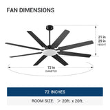 72" Large Ceiling Fan with Light & Remote, 3CCT Dimmable, Quiet – Modern Black, Indoor/Outdoor - 3