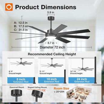 72" Large Ceiling Fan with Lights & Remote, Modern Black DC Ceiling Fan, Reversible, Dimmable 5CCT for Indoor/Outdoor Use - 3