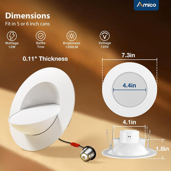 6 Inch Retrofit Eyeball Gimbal Can Lights, Slim Design, Selectable CCT,1200 Lumens - 10