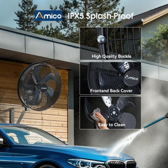 Amico Indoor/Outdoor Wall Mount Fan with Remote, Industrial Waterproof Oscillating Wall Mounted Fan, DC Motor 8 Speeds High Velocity for Garage, Patio, Gym, Warehouse - 8