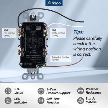 Amico-20A Weather Resistant GFCI Outlet with LED Indicator, Wall Plate & Screws - White-8