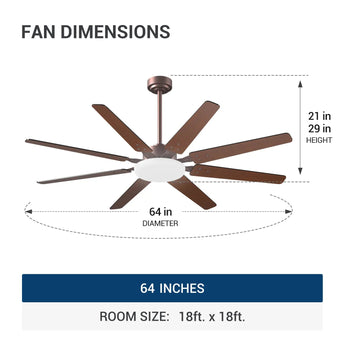 Amico 64" Ceiling Fan with Light & Remote – Dimmable, 6 - Speed Reversible DC Motor, Quiet Modern Black Fan for Living Room, Kitchen & Patio - 17