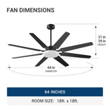 Amico 64" Ceiling Fan with Light & Remote – Dimmable, 6 - Speed Reversible DC Motor, Quiet Modern Black Fan for Living Room, Kitchen & Patio - 3