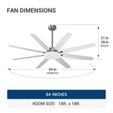 Amico 64" Ceiling Fan with Light & Remote – Dimmable, 6 - Speed Reversible DC Motor, Quiet Modern Black Fan for Living Room, Kitchen & Patio - 23