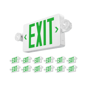 Green Exit Signs with Emergency Lights 12 Pack , Commercial Grade 94V-0 Fire Resistant, Two LED Adjustable Heads, 90-Minute Battery Backup, ETL Certified 120/277V, Wall or Ceiling Mount