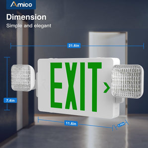 Green Double-Sided Exit Sign with Emergency Lights, Two LED Adjustable Head with Battery Backup, ETL Certified, AC 120/277V, Commercial Emergency Lights Combo for Business-1