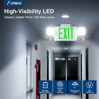 Green Double-Sided Exit Sign with Emergency Lights, Two LED Adjustable Head with Battery Backup, ETL Certified, AC 120/277V, Commercial Emergency Lights Combo for Business-6