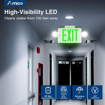 Green Exit Signs with Emergency Lights 12 Pack , Commercial Grade 94V-0 Fire Resistant, Two LED Adjustable Heads, 90-Minute Battery Backup, ETL Certified 120/277V, Wall or Ceiling Mount-4