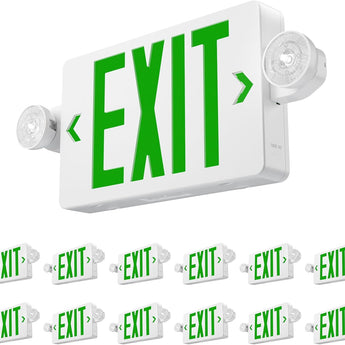 Green Exit Signs with Emergency Lights 12 Pack , Commercial Grade 94V-0 Fire Resistant, Two LED Adjustable Heads, 90-Minute Battery Backup, ETL Certified 120/277V, Wall or Ceiling Mount-1