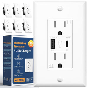 USB Outlet 6 Pack, 2-Port 21W Wall Outlets with 1 Type A & 1 Type C, 15 Amp Receptacle Plug, Tamper Resistant Receptacle, Wall Plate Included, ETL Listed, White Visit the Amico Store-1