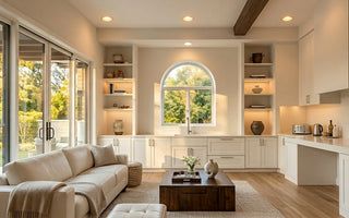 Warm 3000K recessed LED lights glowing in a sunlit open-plan living room and kitchen — choosing the right white light