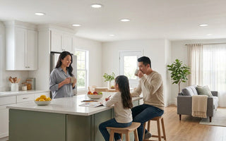 Family in a bright kitchen lit by slim canless LED recessed downlights — safe, flicker-free, family-friendly lighting