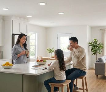 Family in a bright kitchen lit by slim canless LED recessed downlights — safe, flicker-free, family-friendly lighting