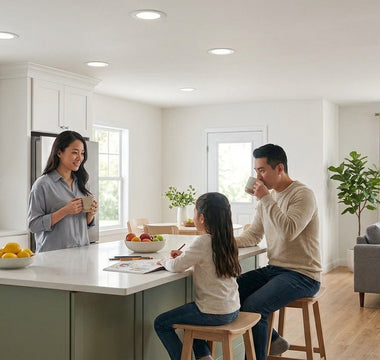 Family in a bright kitchen lit by slim canless LED recessed downlights — safe, flicker-free, family-friendly lighting