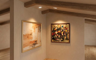 Gimbal recessed lights highlighting framed artwork in a warm loft gallery — directional trim accent lighting in use