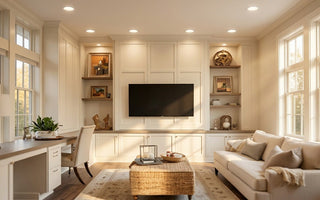 Warm sunlit living room with LED recessed lighting in the ceiling for energy-efficient home lighting and lower utility bills