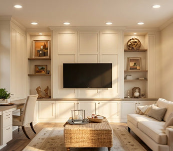 Warm sunlit living room with LED recessed lighting in the ceiling for energy-efficient home lighting and lower utility bills