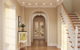 Sunlit home hallway with recessed LED ceiling lights showcasing long LED lifespan and premium residential lighting
