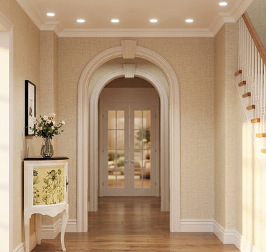 Sunlit home hallway with recessed LED ceiling lights showcasing long LED lifespan and premium residential lighting
