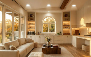 Modern living room lit by three LED recessed downlights replacing halogen for energy-efficient home lighting