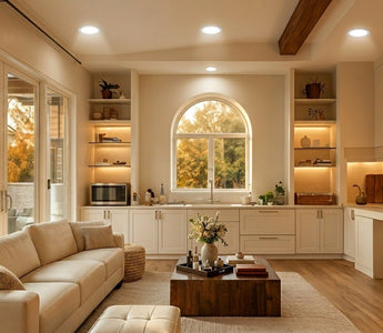 Modern living room lit by three LED recessed downlights replacing halogen for energy-efficient home lighting