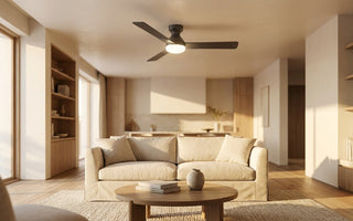 Low-profile flush mount ceiling fan with integrated LED light installed in a sunlit modern living room   with 9-foot ceiling