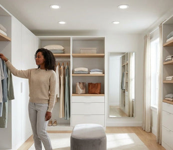 Bright walk-in closet lit by slim canless LED recessed downlights — energy-efficient, neutral-white closet lighting