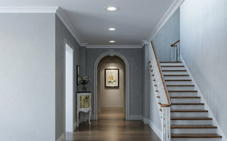Long-lasting LED recessed downlights illuminating an elegant home hallway with cool daylight for premium residential lighting