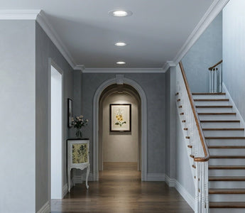 Long-lasting LED recessed downlights illuminating an elegant home hallway with cool daylight for premium residential lighting