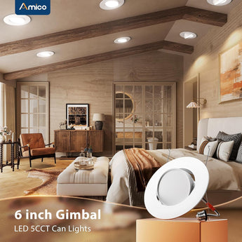6 Inch Retrofit Eyeball Gimbal Can Lights, Slim Design, Selectable CCT, 1500 Lumens - 6
