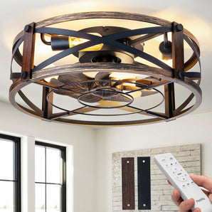 20" Low Profile Fandelier Ceiling Fan with Light & Remote, Industrial Caged Design, 6-Speed, Flush Mount Bladeless Fan