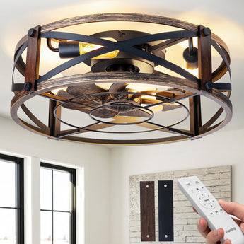 20" Low Profile Fandelier Ceiling Fan with Light & Remote, Industrial Caged Design, 6 - Speed, Flush Mount Bladeless Fan - 1