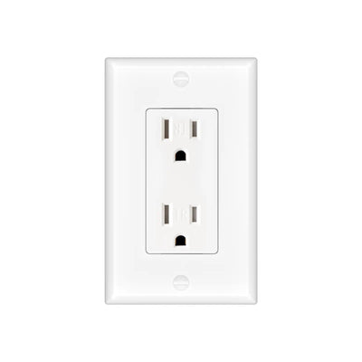 15A Tamper Resistant Decorator Outlet with Self-Grounding, Wall Plate & Screws - White