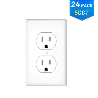 15A Duplex Tamper Resistant Decorator Outlet with Self-Grounding, Wall Plate & Screws, White-15