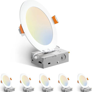 Amico 6 Pack 6 Inch 5CCT Ultra - Thin LED Recessed Ceiling Light with Junction Box, 2700K/3000K/3500K/4000K/5000K Selectable, 12W Eqv 110W 1050LM Brightness Dimmable Canless Wafer Downlight, ETL & FCC - 1