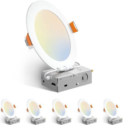 Amico 6 Pack 6 Inch 5CCT Ultra - Thin LED Recessed Ceiling Light with Junction Box, 2700K/3000K/3500K/4000K/5000K Selectable, 12W Eqv 110W 1050LM Brightness Dimmable Canless Wafer Downlight, ETL & FCC - 1
