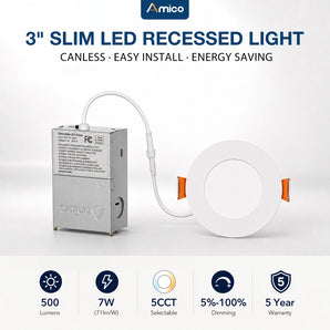 3 Inch Recessed LED Lighting, Slim Design, Selectable CCT, 500 Lumens