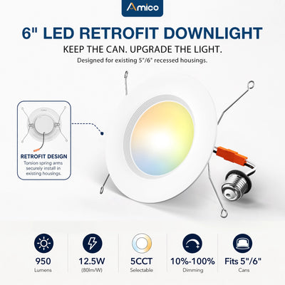 6 Inch LED Recessed Lighting, Dimmable, Retrofit Can Light with Baffle Trim, Selectable CCT, 950 Lumens