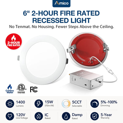 6 Inch Fire Rated LED Recessed Light, 2 Hour Rating, No Tenmat Needed, Canless Wafer, Selectable CCT, 1400 Lumens