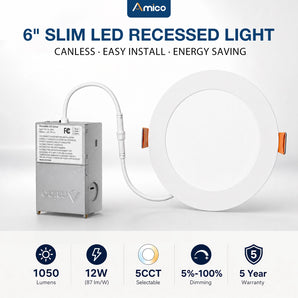 6 Inch Recessed LED Lighting, Slim Design, Selectable CCT, 1050 Lumens