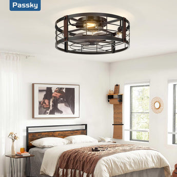 20" Black Caged Bladeless Ceiling Fan Light, Farmhouse Flush Mount 6 Speed Fandelier - 7