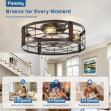 20" Black Caged Bladeless Ceiling Fan Light, Farmhouse Flush Mount 6 Speed Fandelier - 1