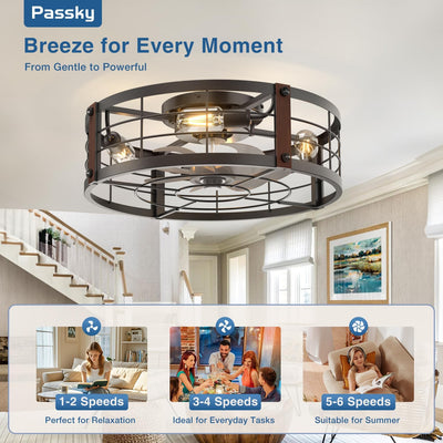 20" Black Caged Bladeless Ceiling Fan Light, Farmhouse Flush Mount 6 Speed Fandelier - 1
