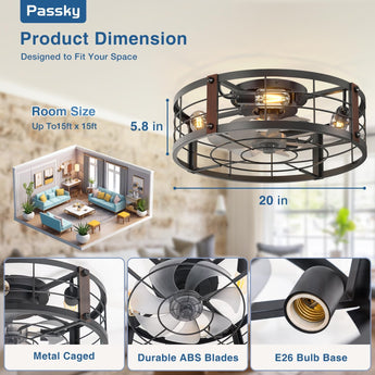 20" Black Caged Bladeless Ceiling Fan Light, Farmhouse Flush Mount 6 Speed Fandelier - 5