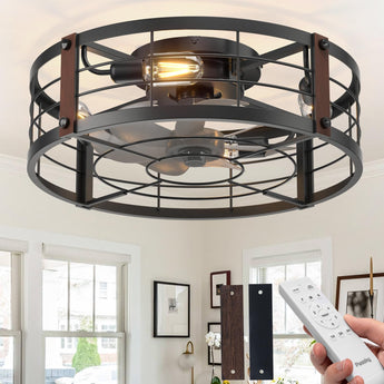 20" Black Caged Bladeless Ceiling Fan Light, Farmhouse Flush Mount 6 Speed Fandelier - 6