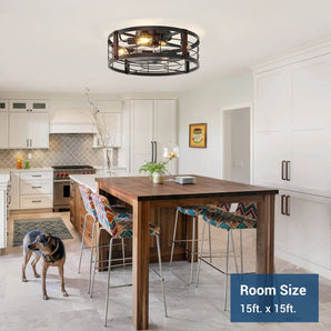 20" Black Caged Bladeless Ceiling Fan Light, Farmhouse Flush Mount 6 Speed Fandelier-2