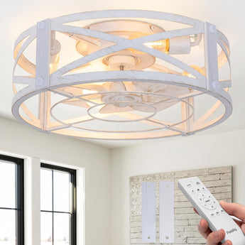 20" Black Caged Bladeless Ceiling Fan Light, Farmhouse Flush Mount 6 Speed Fandelier - 9